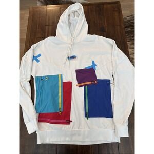 White Colorblock Pullover Hoodie with Multicolor Pockets - Unbranded